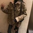Fleece Collar Leopard Print Jacket Almond - One Size