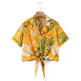 Short-sleeve Leaf Print Tie-hem Cropped Blouse