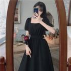 Short-sleeve Square-neck Cutout Midi A-line Dress