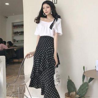 Set: Off-shoulder Short-sleeve T-shirt + Polka Dot Midi Skirt