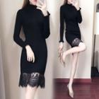 Lettuce Edge Long-sleeve Lace-hem Knit Dress
