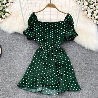 Short Sleeve Square Neck Dotted Mini Dress