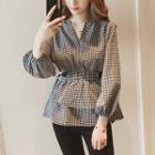 Checked Lantern-sleeve Peplum Top