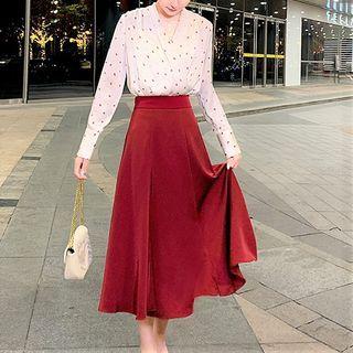 Set: Dot Print Blouse + Midi Skirt