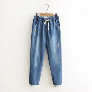 Drawstring Washed Embroidered Jeans