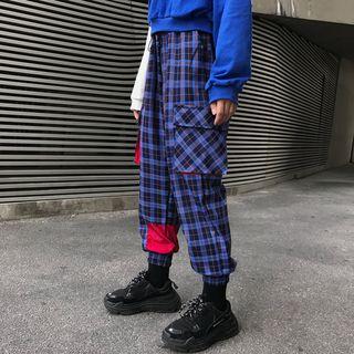 Lettering Zip Placket Pullover / Plaid Cargo Pants