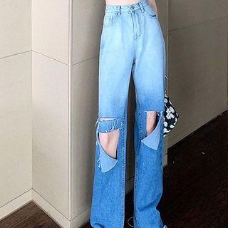 High-waist Distressed Gradient Wide-leg Jeans