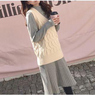 Set: Long-sleeve Mock Neck A-line Knit Dress + Cable-knit Vest