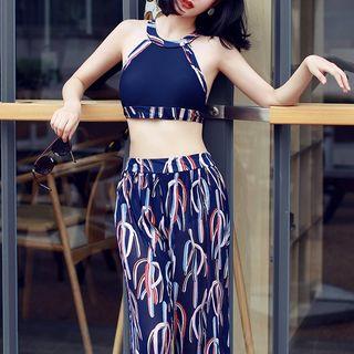 Set: Printed Halter Bikini + Wide Leg Pants