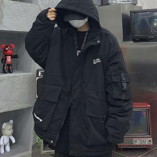 Logo Print Front Pocket Zip Hooded Jacket