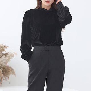 High-neck Bishop-sleeve Velvet Pullover