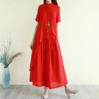 Set: Elbow-sleeve Asymmetric Shirt + Wide-leg Pants