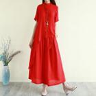 Set: Elbow-sleeve Asymmetric Shirt + Wide-leg Pants