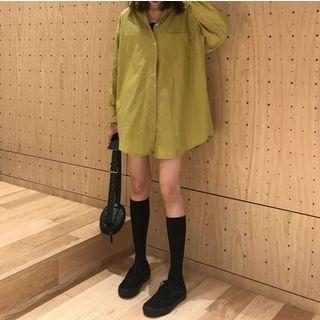 Long-sleeve Loose-fit Plain Shirt Greenish Yellow - One Size