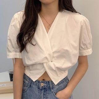 Short-sleeve Wrap Cropped Blouse