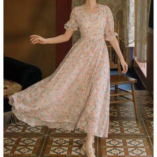Short-sleeve Square-neck Floral Printed Midi Dress
