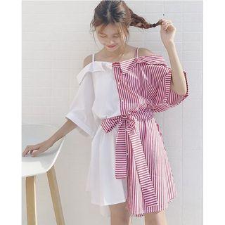 Striped Panel Off-shoulder Elbow-sleeve Dress