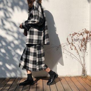 Set: Plaid Buttoned Jacket + A-line Midi Skirt