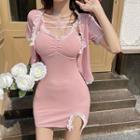 Set : Short-sleeve Lace Trim Cardigan + V-neck Lace Trim Spaghetti-strap Dress