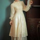 Set: Long-sleeve Embroidery Frog Buttoned Midi Dress + Mesh Midi Skirt
