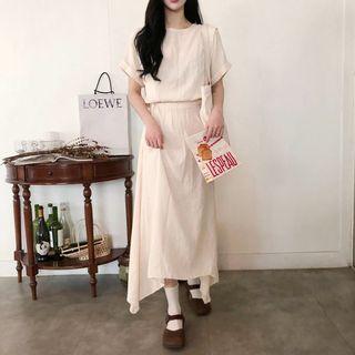 Round-neck Gathered-waist Midi Dress Light Beige - One Size