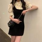 Puff-sleeve Collared Plain Blouse / Plain Slim Fit Knit Pinafore Dress / High-waist Chain Skirt