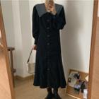 Long-sleeve Layered Collared Button-up Midi Dress