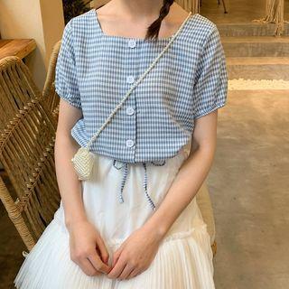 Check Square Neck Short-sleeve Blouse
