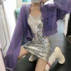 Scallop-hem Open-front Cardigan / Sleeveless Sequined A-line Dress