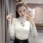 Embroidered Mock-neck Long-sleeve Knit Sweater