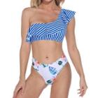 Set: Striped One Shoulder Swim Top + Printed Bottom