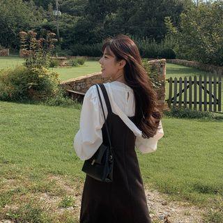 Set: Scarf-neck Blouse + Flared Pinafore Dress