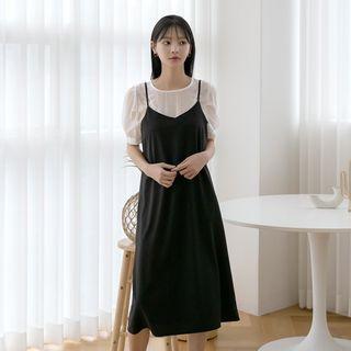 Set: Puff-sleeve Sheer Top + Midi Pinafore Dress