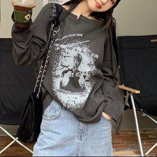 Cold-shoulder Printed T-shirt Gray - One Size