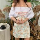 3/4-sleeve Letter T-shirt / Floral A-line Mini Skirt
