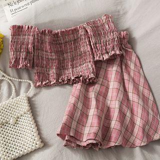 Set: Plaid Off-shoulder Smocked Crop Top + Midi Skirt