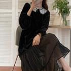 Long-sleeve Lace Collar Tiered Midi A-line Dress Black - One Size
