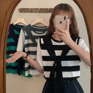Short-sleeve Striped Tie-front Knit Top