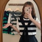 Short-sleeve Striped Tie-front Knit Top