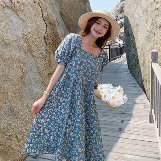 Square-neck Short-sleeve Floral Dress