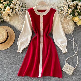 Long-sleeve Panel Mini A-line Knit Dress