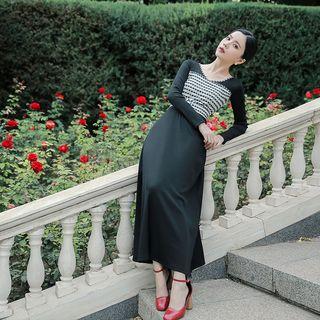 Gingham Panel Long-sleeve Maxi A-line Dress