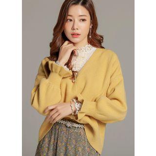 Ruffled Bishop-sleeve Faux-pearl Cardigan