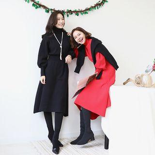 Turtleneck Puff-sleeve Long Flare Dress
