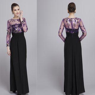 Long-sleeve Sequin Sheath Evening Dress