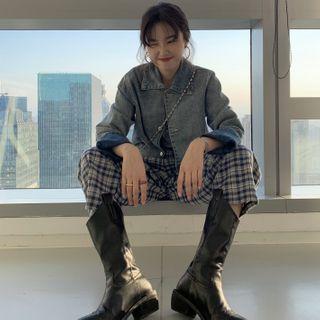 Buttoned Denim Jacket / Plaid Wide-leg Pants