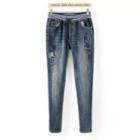 Drawstring Washed Applique Slim-fit Jeans