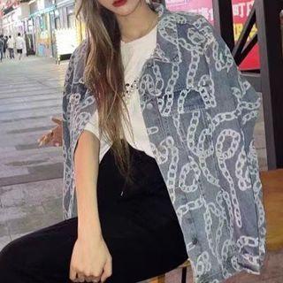 Chain Print Washed Denim Jacket Dark Blue - One Size