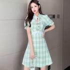 Puff-sleeve Plaid Panel Ruffle Trim Qipao Dress