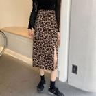 Set: Leopard Print Midi A-line Skirt + Chain Belt